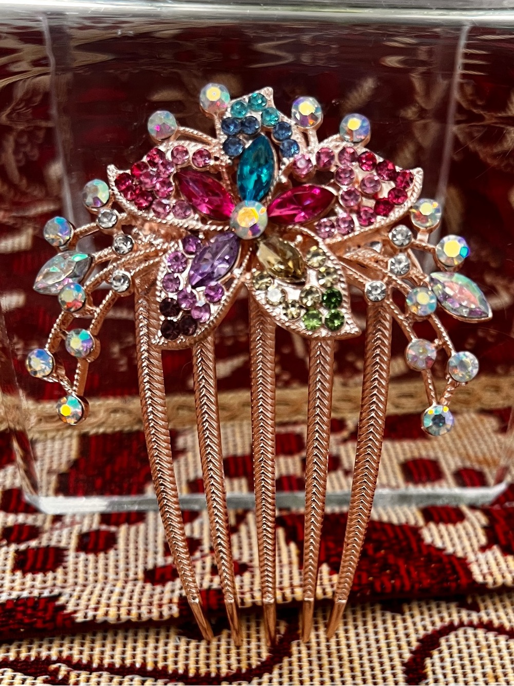 Vintage-Style Multicolored Rhinestones Floral Hair Comb Bonus Sachet, HTF New